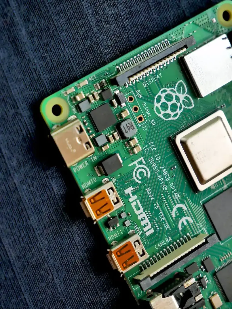 The topside of a Raspberry Pi 4B microcomputer